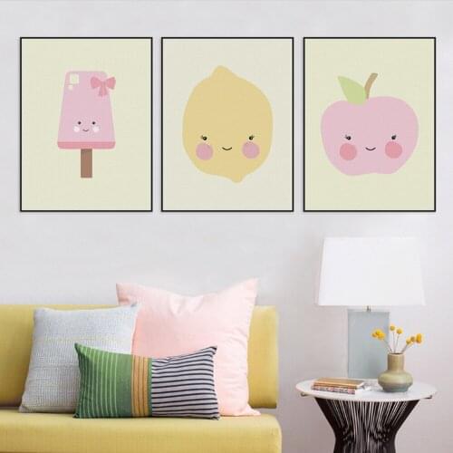 Cute Animal Fruit Avatar Poster Watercolor Panda Rabbit Canvas Painting Small Fresh Childrens Room Decoration Wall Art Pictures