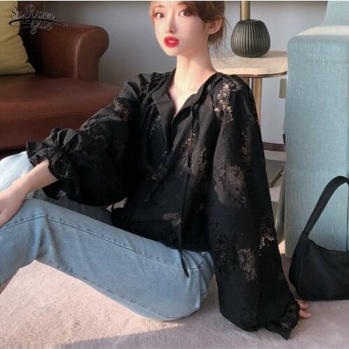 New Spring Autumn Lantern Sleeve Lace Blouse for Women Office Lady Long Sleeve Floral Shirts Women Black Female Clothing 12691
