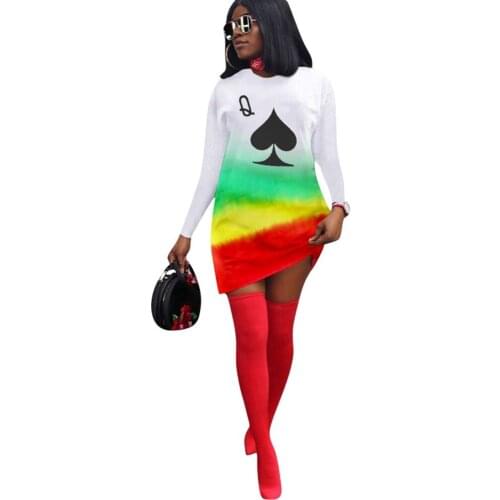 Gradient Color Long Sleeve Dress Women Straight Casual Loungewear Printed Poker Q Fashion Streetwear Summer Fall Short Dress