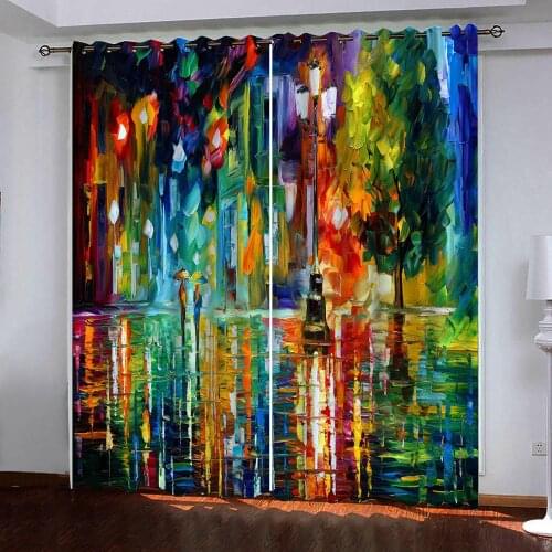 Custom 3d Curtains Colorful urban oil painting in the rain Windows Curtains for Living Room Bedroom Decor Blackout Curtain
