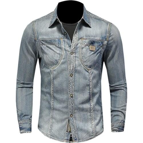 New fashion long turn leader cotton shirt mens self-cultivation self-cultivation casual streetwear style blue retro motorcycle