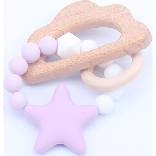 Food Grade BPA Free silicone teethers Bracelet Beech Wood Pendant Cartoon Teether chewing Baby Teething Care Star Silicone Beads