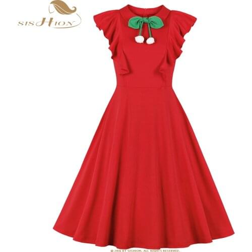 SISHION Solid Color Elegant Women Red Dress VD1925 Ruffles Sleevless 50s 60s Retro Rock Vintage Summer Dresses