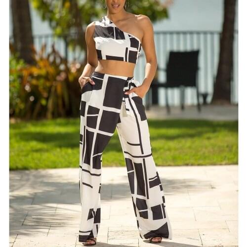 Tilapia slim new sexy girl club party sets one shoulder top long pants 2in1 fashion set sleeveless geometric women sets