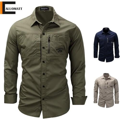 High Quality Shirts Men Slim Army Military Shirt Men 100% Cotton Long Sleeve Embroidery Casual Shirt Man Turn Down Neck Shirt