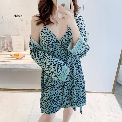 Autumn Sexy Women Velvet Nighty&robe Set 2PCS Nightdress Print Leopard Lace Kimono Bath Gown Casual Loose Homewear Nightwear