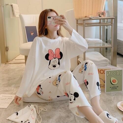 Disney Pajamas Women Spring Autumn and Winter Mickey Cartoon Cute Long-sleeved Suit Home Service Set