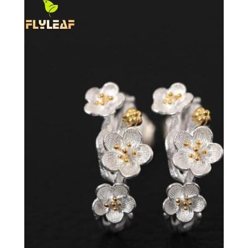 Flyleaf 925 Sterling Silver Plum Flower Stud Earrings For Women Elegant Lady Prevent Allergy Sterling-silver-jewelry