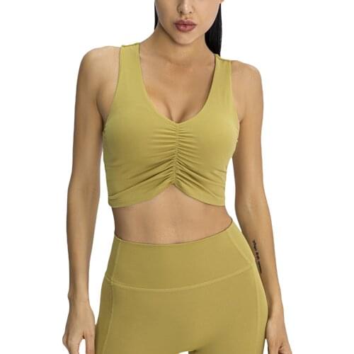 Women Solid Color Sports Bra Wire Free Deep V-neck Seamless Fitness Vest For Summer Yoga Fitness Fold Breathable Sports Vest