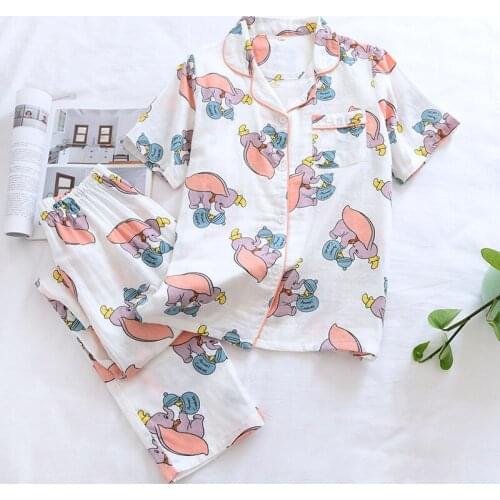 2021 Womens Spring Dumbo Print Pajama Set Short Sleeve Trousers Cartoon Cardigan Lapel Comfortable Cotton Large Size Home Wear