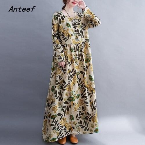 Anteef long sleeve cotton vintage floral dresses for women casual loose woman summer spring autumn dress elegant clothing 2021