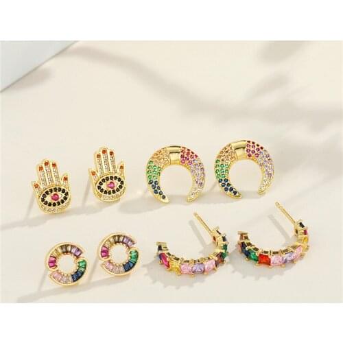1Pair Crystal Fatima Hand Hollow Round Stud Earrings For Women New Vintage Colorful Zircon C Shape Moon Small Ear Stud Jewelry