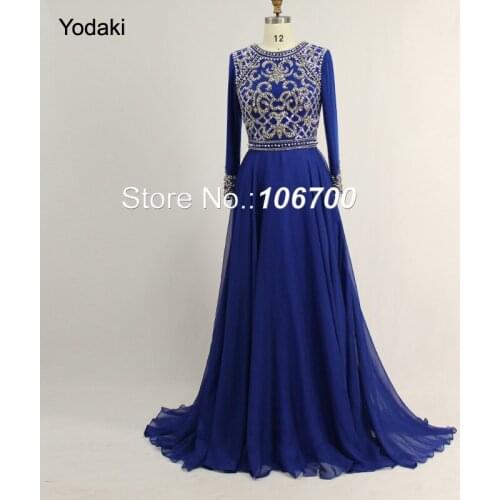 2018 Real Photos Long Sleeves Formal Evening Dresses Hand Make Crystal Beading O Neck Royal Blue Colors Long Arabic Prom Gowns