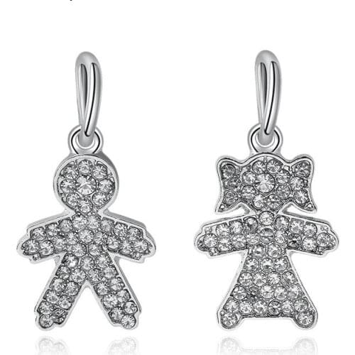 5PCS Lovely Silver Plated Metal Full White Crystal Boy Girl Charm Couple Pendant Fit Women DIY Bracelet Jewelry Making Wholesale