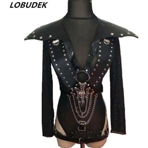 Women Punk Black Leather Rivet Armor Metal Chain Bodysuit Cosplay Costume Female Soldiers Role-playing Performance Stage Clothes