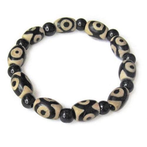 Long Beautiful Stretchy Tibetan Black Agate 3-eye dZi Beads Beaded Amulet Bracelet
