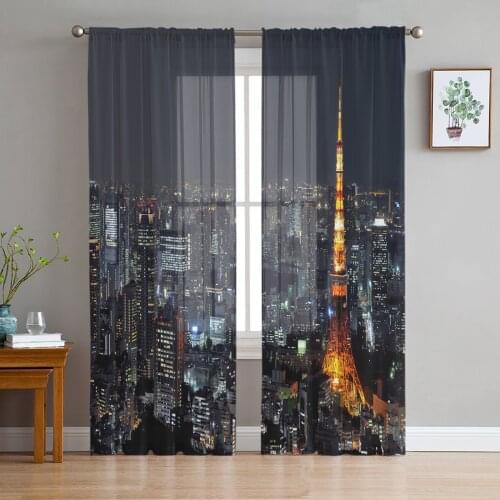 City Tokyo Tower Night Building Scenery Sheer Curtains for Living Room Tulle for Windows Voile Yarn Short Bedroom Curtains