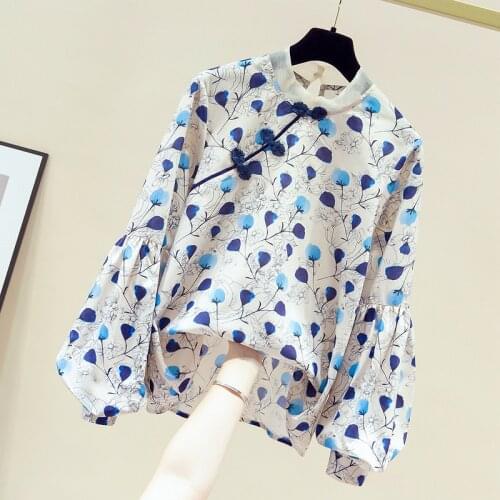 Chinese Cheongsam Design 2020 Autumn Womens Balloon Long Sleeves Print Shirts Female Ladies Shirt Blouse Tops A3665