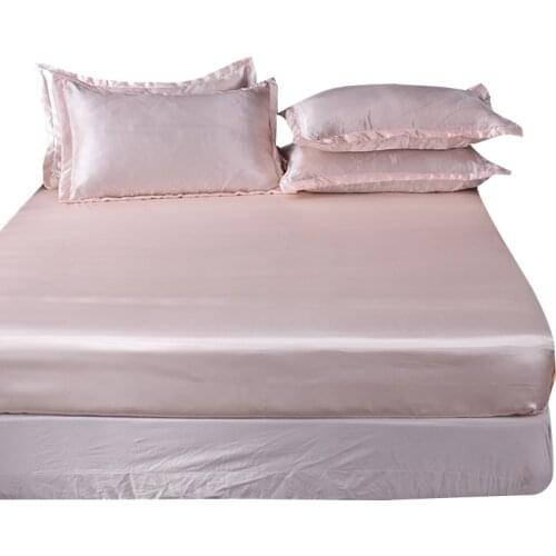 Light Pink Satin Ice Silk Fitted Sheet Bed Sheet Mattress Cover Elastic with Band Single Double Queen Size Women Luxury Bedsheet
