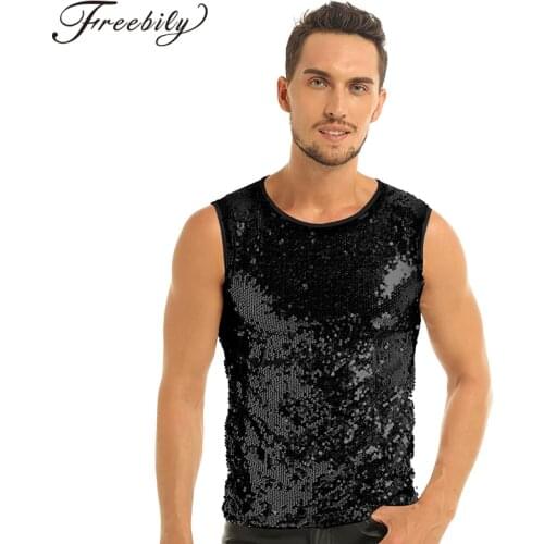 2018 Sexy Mens Summer Sleeveless Crew Neck Slim Fitted Vest Tee T-shirts Clubwear Mens Fashion Shiny Sequin Vest Tops T-shirts