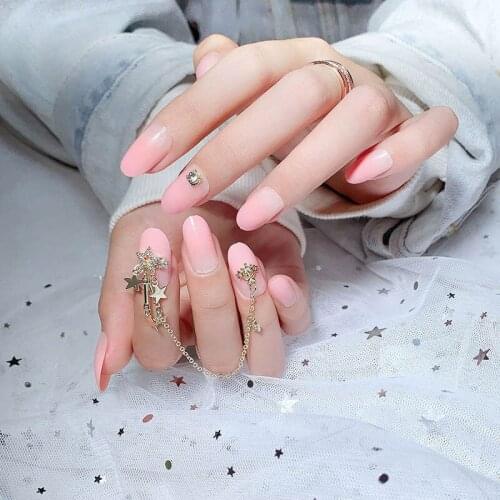 24pcs/box new Design Pink color Fake Nail press on with Gold 3D Pendant Star Chain Girls acrylic for Nail tips Patches with Glue