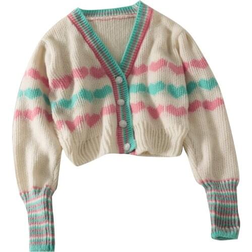 New Sweet Heart Print Short Section Slim Long Sleeve Knit Single-breasted Cardigan Sweater