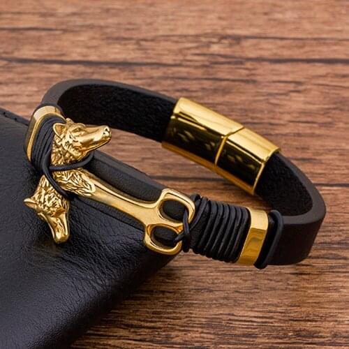 Charm Punk Rock Braided Rope MagneticBlack Genuine Leather Animal Bracelet Men Bangles Gold Jewelry Gift For Boy Friend