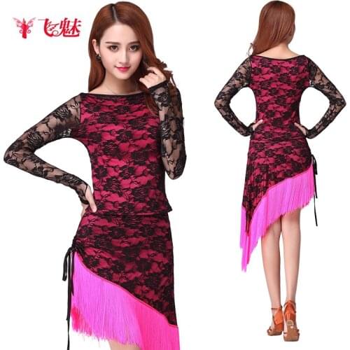 Latin dance clothing lace long sleeved top+Fringed skirts 2pcs/set square dance costume