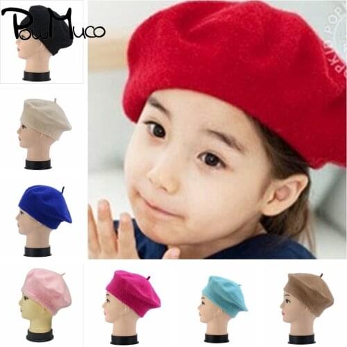 Powmuco Solid Color Imitation Fleece Beret Hats Vintage British Style Baby Girls Caps Fashion Princess Bonnet Kids Photo Props