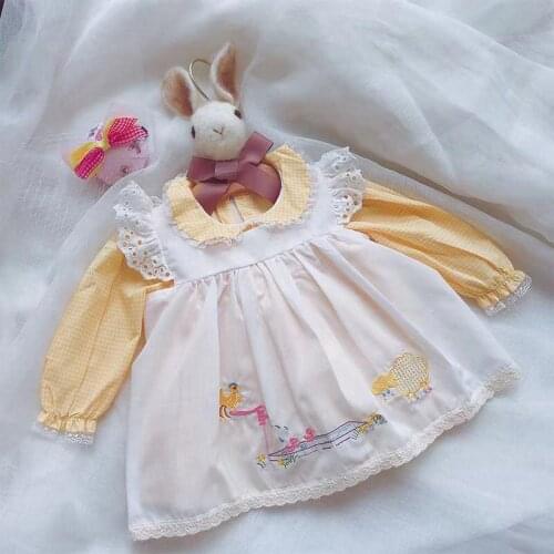 Christening Baby Girl Long Sleeve Yellow Plaid Vintage England Style Princess Dress for Girls Casual Birth Party Cotton Dress