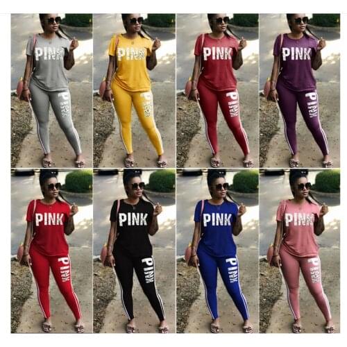Letter Printing Casual Loose Pink Solid Color Short Sleeve Top+ Pant Suits 2 Piece Set 2021 Women Summer Wholesale Items