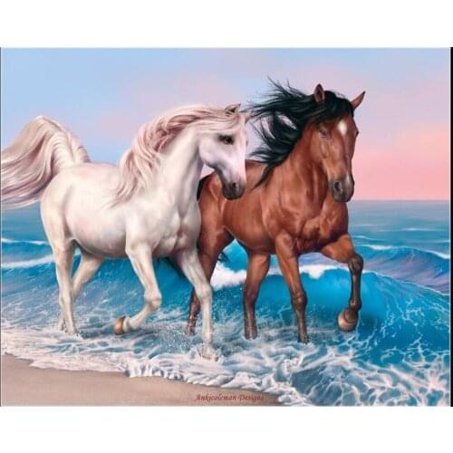 Counted Cross Stitch Kits Needlework Embroidery - Crafts 14 ct Aida DMC Color DIY Arts Handmade Home Decor - Beach Horses