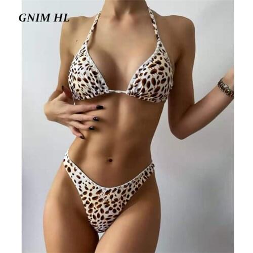 GNIM Sexy Leopard Swimsuit Women Bikini Mujer 2021 Bandage Backless Low Waist Swimwear Beachwear Triangle String Bathing Suit