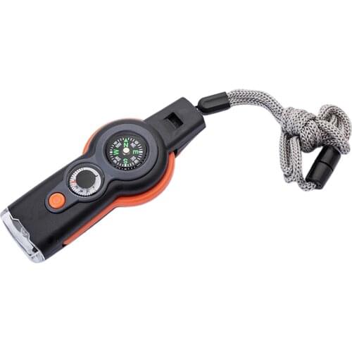7in1 Survival Whistle Outdoor Orange Emergency Hiking Compass Magnifier Lens Flashlight Pull Mini Backpack Carabiner Whistle