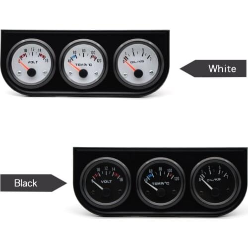 Water Temp Oil Pressure Volt Gauge 52mm 3 in 1 Triple Gauge Kit Black Bezel Black/White Face Color With Temp & Pressure Sensor