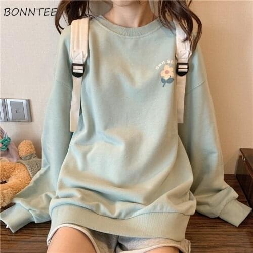 Hoodies Women Lovely Autumn Chic Koean Print Ins O-neck Basic Preppy Teens Hoodie Pullover Stylish Loose Casual Woman Sweatshirt