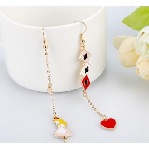 Fashion Womens Earring Anime Cute Enamel Alice Wonderland Princess Heart Bunny Asymmetric Earrings Women Girl Party Gift