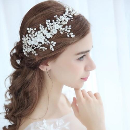 Bridal Flower Headband Pearl Crystal Wedding Hair Vine Bridal Headpiece Hair ornaments Women Silver Color Wedding Hair Jewelry