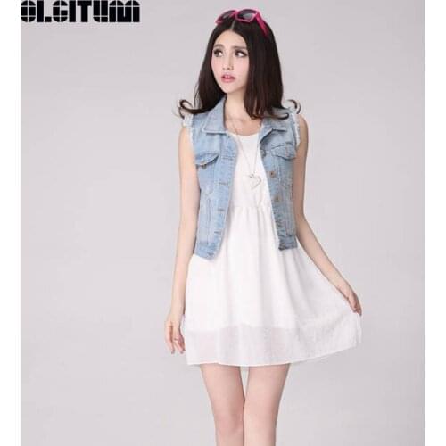 OLGITUM New Fashion Spring Denim Vest Women Casual Coat Vintage Cardigan Jean Sleeveless Turn-down Collar Woman Clothing VE127