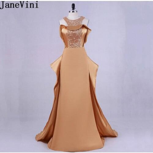 JaneVini Gold Arabic Caftan Luxury Beaded Pearls Evening Dress Mermaid Satin Banquet Party Dresses Women Evening 2020 jurkjes