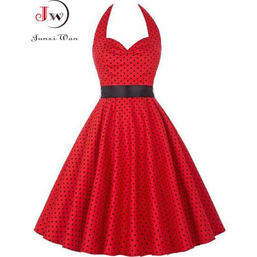 Women Summer Polka Dot Vintage Dress Fashion Party Office Lady 50s 60s Rockabilly Big Swing Halter Clothes Tunic Vestidos