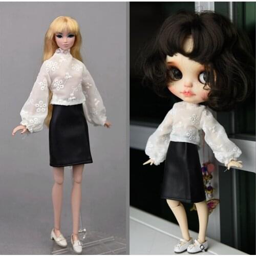 1/6 BJD Doll Clothes Set Fashion Long Puff Sleeve Shirt Leather Skirt for Barbie Accessories Outfits for Blythe Doll house Toys