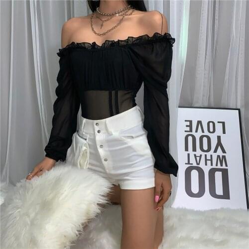 2021 Sexy One-piece Women Bodysuit Fashion Slash Neck Ruffled Womens Bodysuit With Sleeves Mesh Tight-fitting Bodysuits
