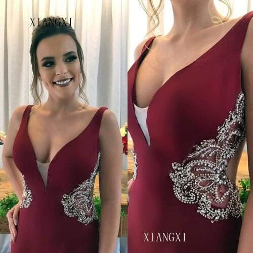 Burgundy Mermaid Evening Dresses Satin Hand-Beading Floor Length Formal Gowns Party Dress Long Evening Dress