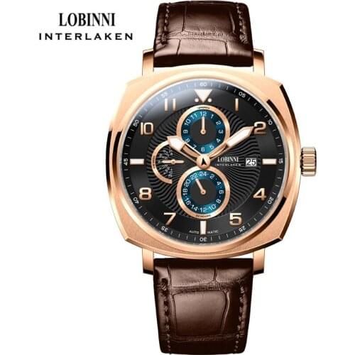 LOBINNI New Rose Gold Men Watch Square Automatic Mechanical Men Wrist Watch Calendar Week Sapphire Glass Waterproof Watch