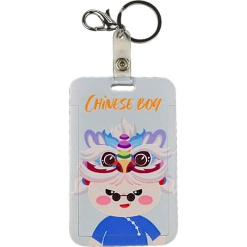 H9ED Chinese Cartoon Card Holder with Kyechain Metal Clip School Name Badge Cover