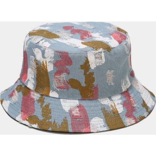 Hot Sale Ripped Denim Fisherman Hat Men And Women Hip Hop Graffiti Double-sided Bucket Hat Bucket Cap