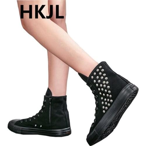 HKJL 2019 new Korean version of the wild new casual canvas inside zipper low to help rivet ultra short tube womens shoes