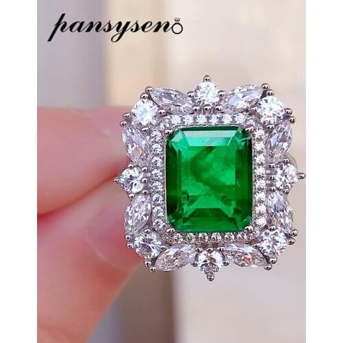 PANSYSEN Luxury Solid Silver 925 Fine Jewelry Emerald Simulated Moissanite Rings for Women Anniversary Finger Fine Jewelry Ring