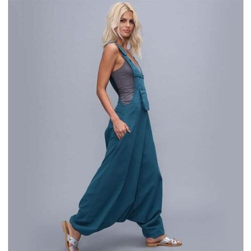 Womens Halter Jumpsuit Sleeveless Harem Pants Side Pocket Loose Workwear Long Jumpsuits Casual Cloth Female Vintage Rompers